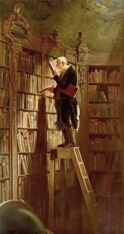 Elderly bookworm on a library ladder.